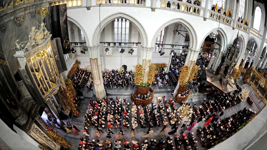 Guests arrive at the Nieuwe Kerk church for the crowning ceremony of King Willem-Alexander.