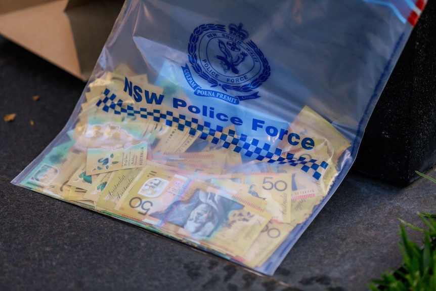 A pile of $50 notes and some $100 notes in a clear plastic bag with the NSW Police Force logo.
