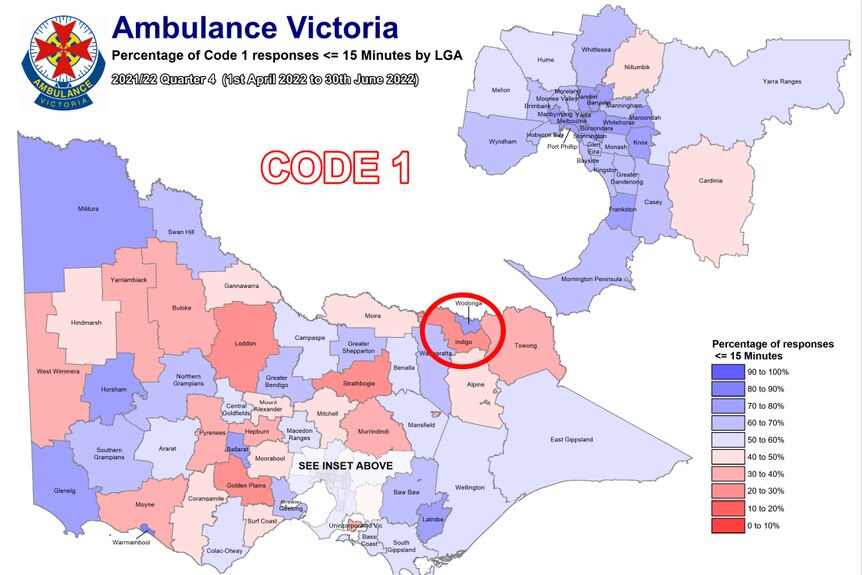 A graphic of Victoria showing code 1 responses within 15 minutes. Indigo Shire is dark pink, meaning between 10 and 20%