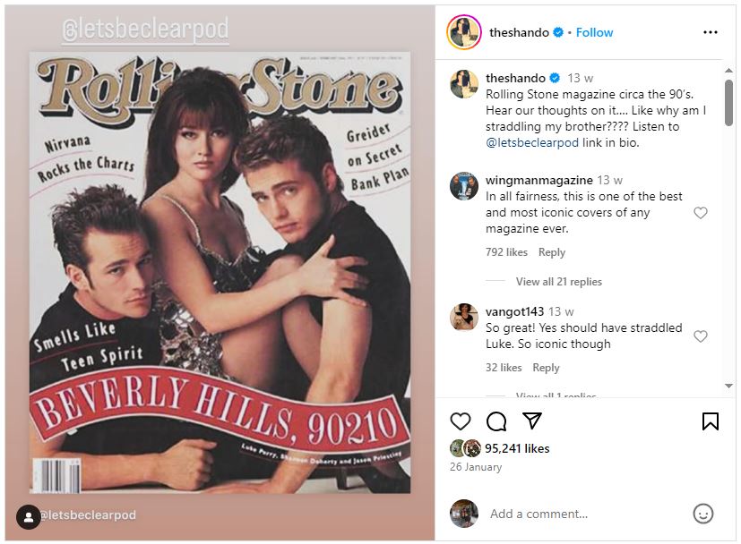 A Rolling Stone cover with Shannen Doherty flanked by Luke Perry and Jason Priestly with status update and comments