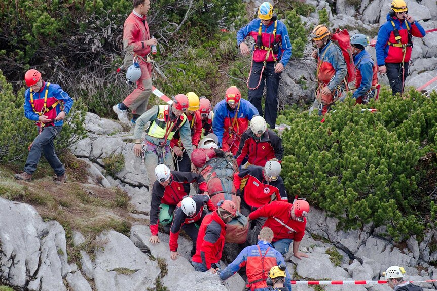 Johann Westhauser is carried out of the Riesending cave complex in southern Germany.