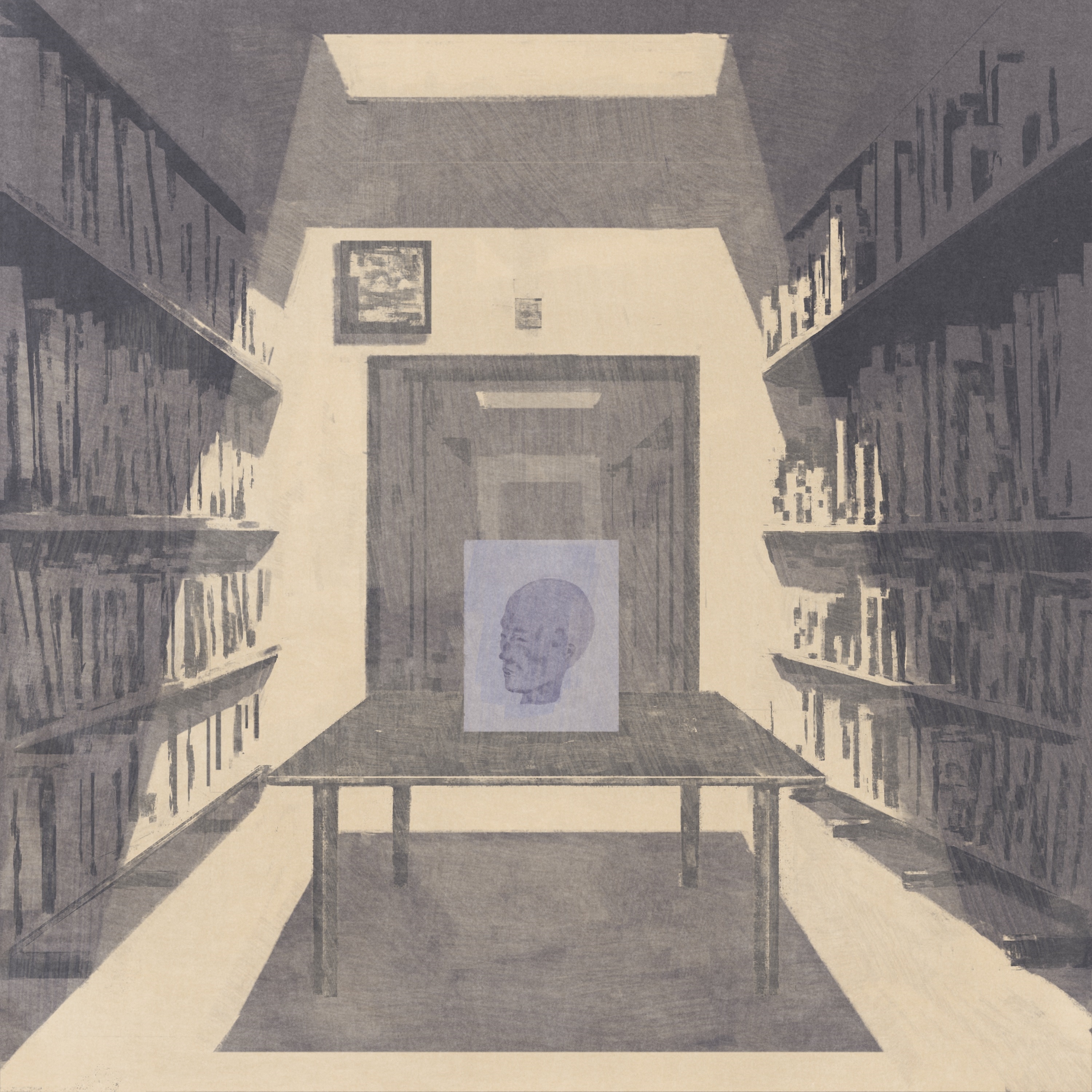 An illustration of a library, featuring a desk with a blue box containing a head.