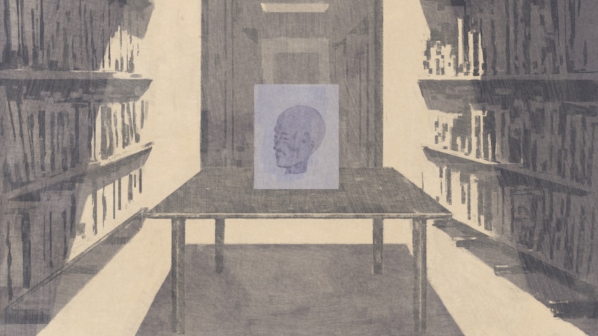 An illustration of a library, featuring a desk with a blue box containing a head.