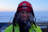 Dr Amelie Meyer on the deck of a ship in the Arctic Ocean