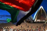 Palestinian flag being waved in front of crowds gathered outside the Opera House