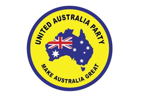The logo of the United Australia Party featuring a blue map of Australia in a yellow circle.