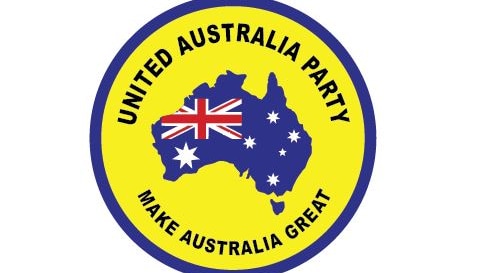 The logo of the United Australia Party featuring a blue map of Australia in a yellow circle.