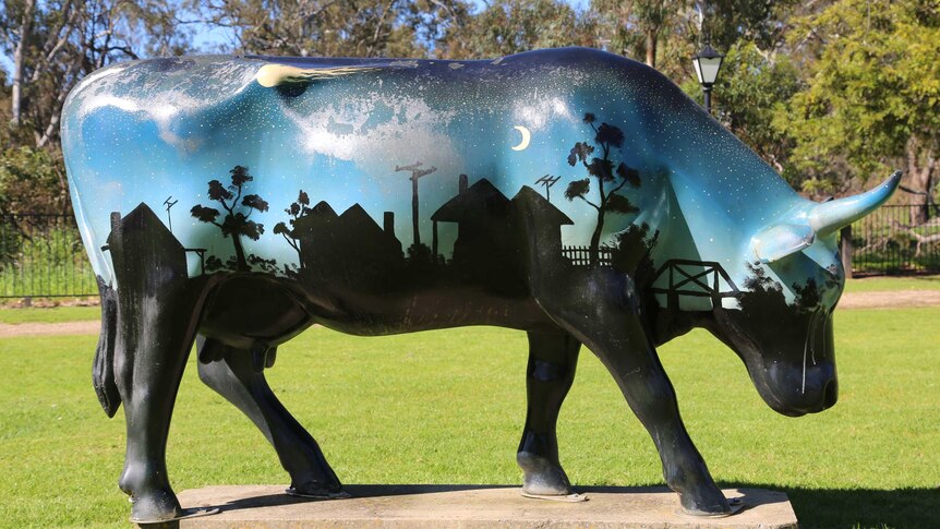 Cow Sculpture in Murchison painted with a mural showing the meteor that fell in 1969.
