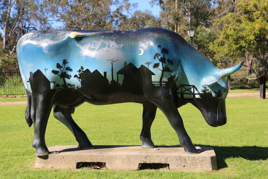 Cow Sculpture in Murchison painted with a mural showing the meteor that fell in 1969.