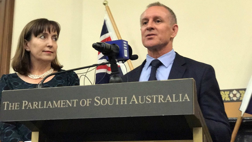 Susan Close and Jay Weatherill at a press conference.
