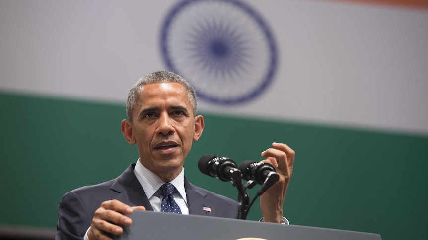 US President Barack Obama discussing US - Indian relations at a townhall event in New Delhi