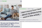 A screenshot of a Domain article featuring Jeremy on the lounge with laptop and with a dog.