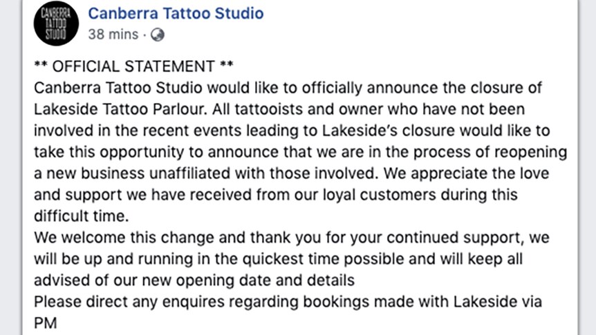 Canberra Tattoo Studio, formally Lakeside Tattoo Parlour, rebranded on Facebook.