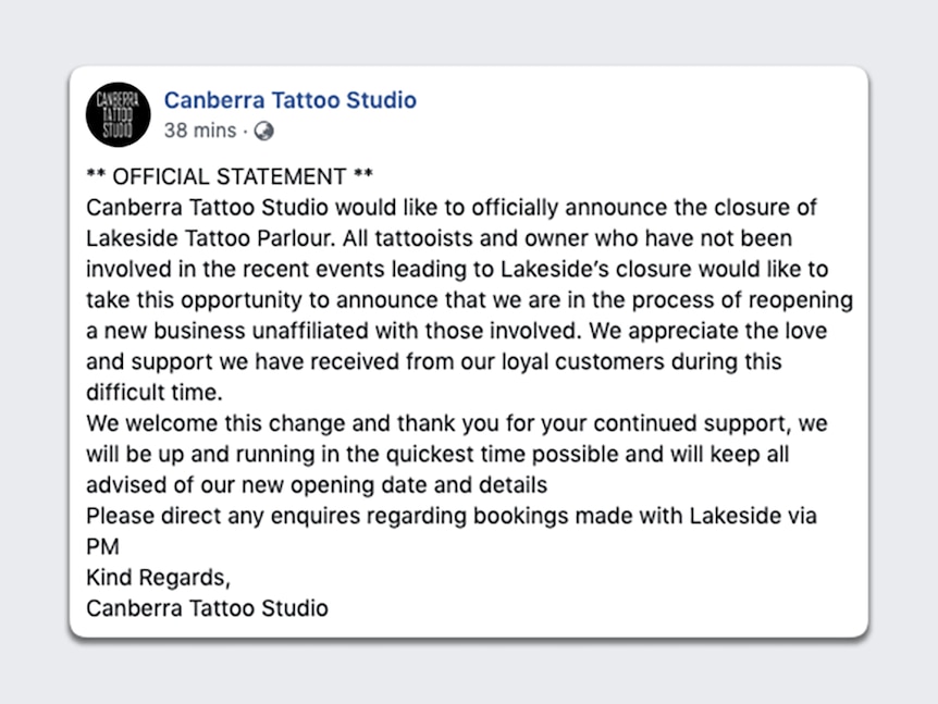 Canberra Tattoo Studio, formally Lakeside Tattoo Parlour, rebranded on Facebook.