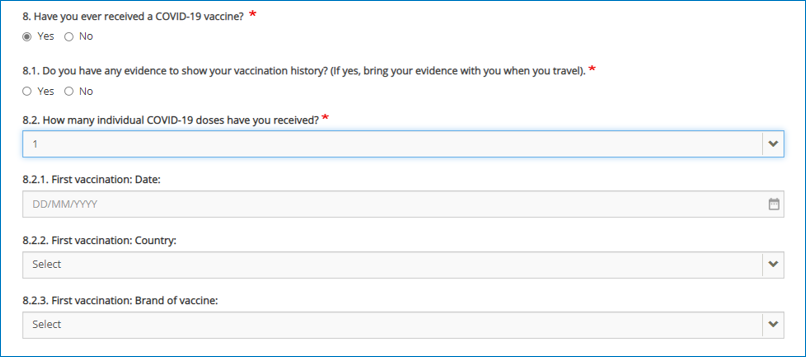 A screenshot shows several questions including whether you have been vaccinated and the date it happened.