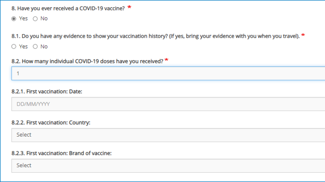 A screenshot shows several questions including whether you have been vaccinated and the date it happened.