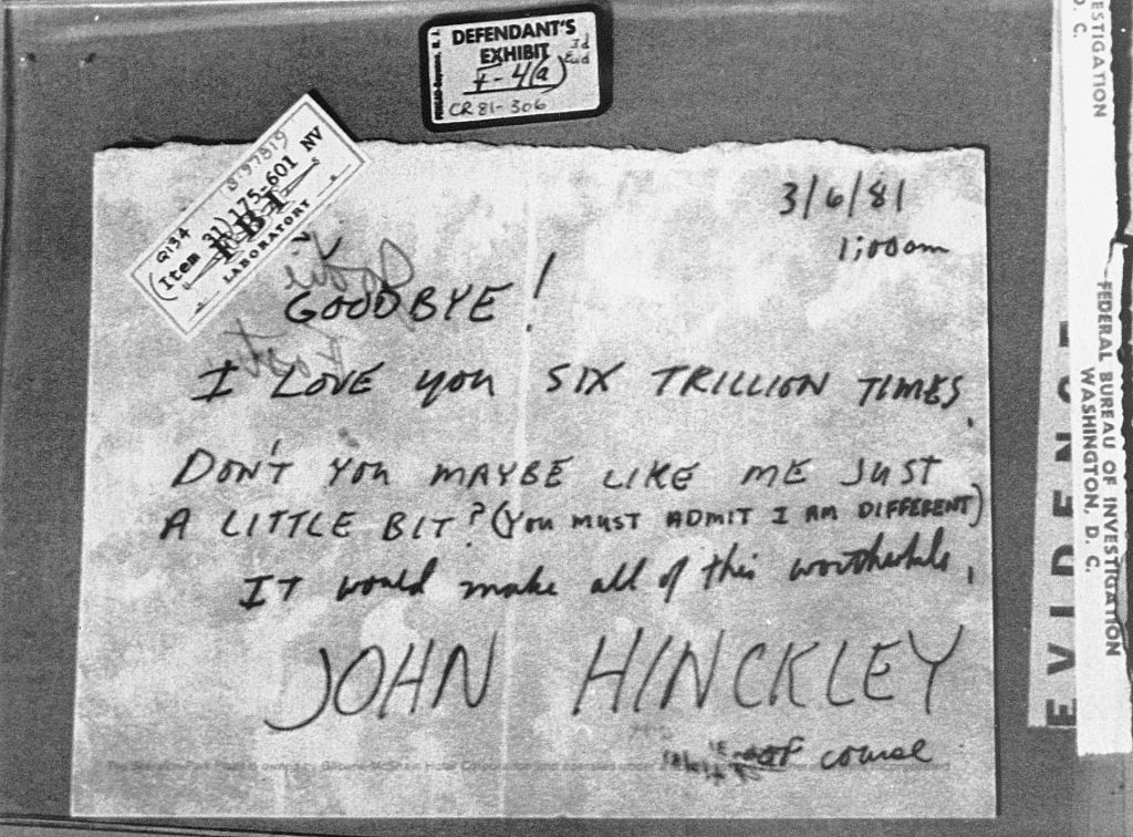 A handwritten letter from stalker John Hinckley to his victim, actress Jodie Foster, dated 1981.