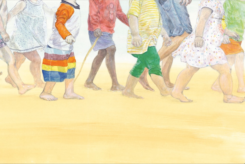 Ilustración de portada de libro que muestra los cuerpos de niños con una variedad de trajes coloridos.
