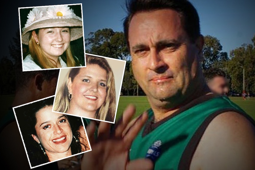 A man in a green football shirt next to inset pictures of three smiling young women.