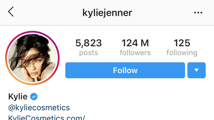 Kylie Jenner's Instagram account with list of followers at 124 million.