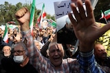 Demonstrators hold up Iranian flags and images of clerics.