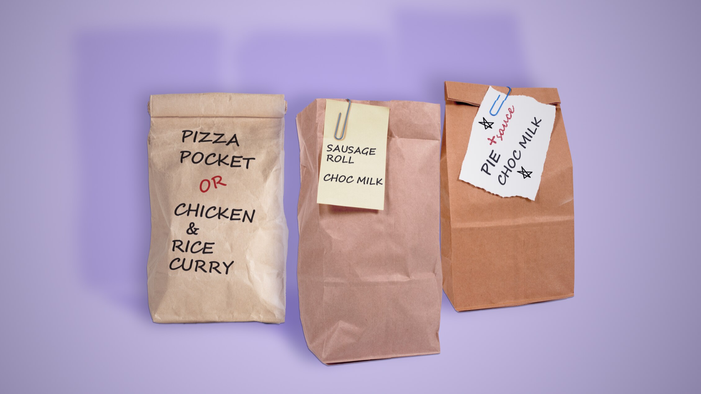 Three brown paper bags with canteen lunch orders written on them.
