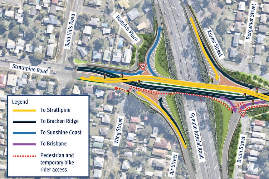 A map of a highway overpass marked with coloured lines to indicate the flow of traffic.