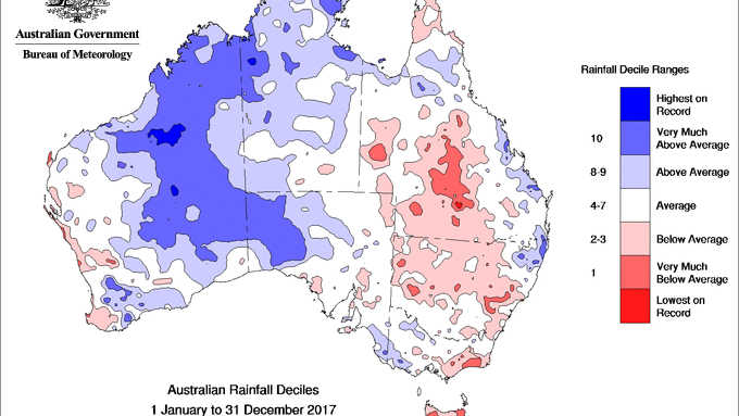Map of Australia with large areas of blue (wet)  in WA, NT and SA and red (dry) areas in QLD, NSW, VIC and TAS