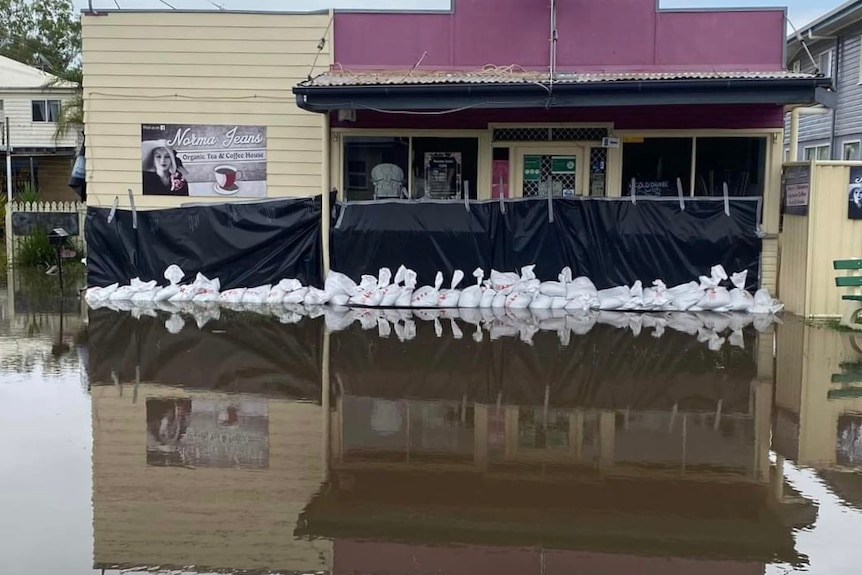 The front of a flooded cafe.
