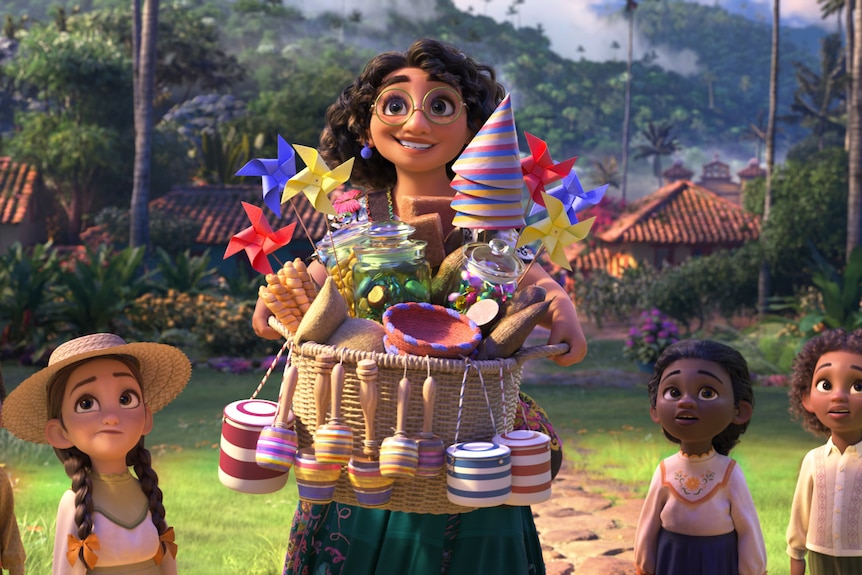 Animated brown girl with big glasses, curly dark hair, and comic grin carries a large basket of colourful party supplies.