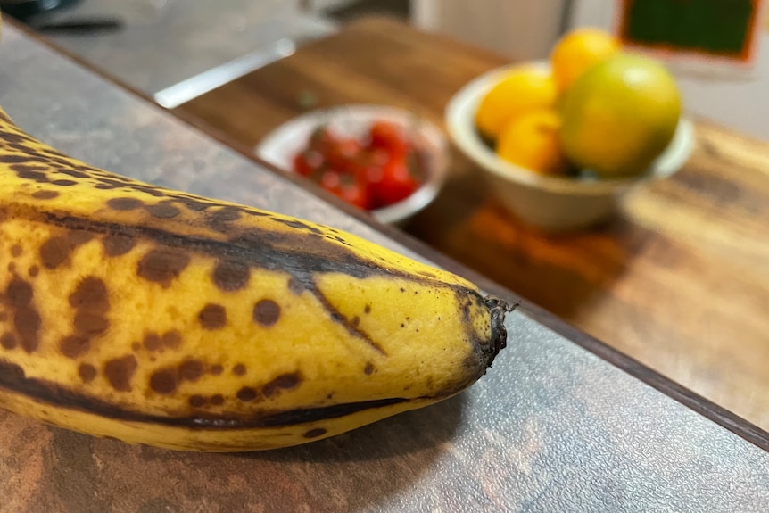 A close up of an overripe banana looming menacingly over a bowl of tomatoes and citrus fruits