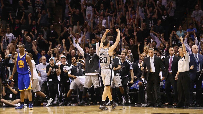Manu Ginobili celebrates the game-winner for the Spurs in double overtime over Golden State.