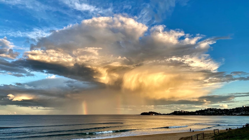 Storm clouds glow in the afternoon sun as a rainbow forms below 