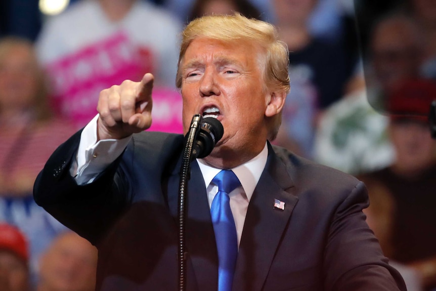 Trump is seen pointing his finger while speaking at a rally.