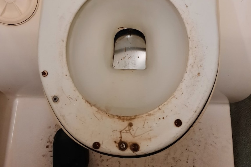 A toilet with rusted bolts on the seat, grime and dirt.