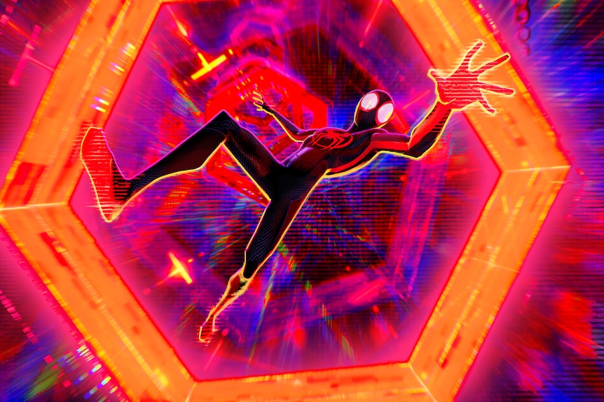 A bird's eye shot of Spider-Man, an animated figure in a skin-tight blue and red body suit, falling into a light-filled hexagon.