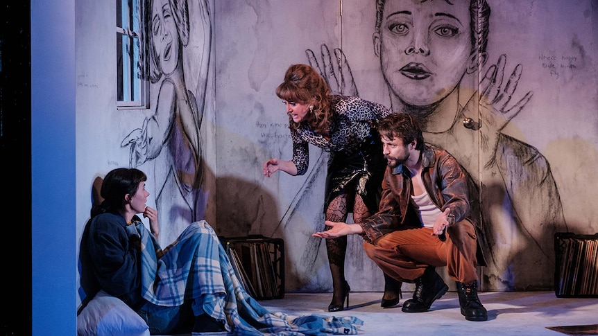 Colour photo of Geraldine Hakewill, Caroline O'Connor and Joseph del Re in the production of The Rise and Fall of Little Voice.