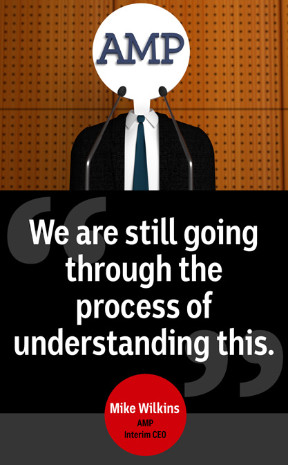 Illustration of a suited figure with AMP logo head. Quote reads: "We are still going through the process of understanding this."