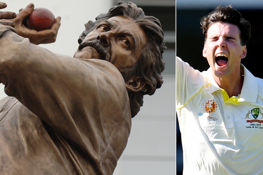 A bronze statue of Dennis Lillee next to a bowler in cricket whites celebrating with a finger in the air.