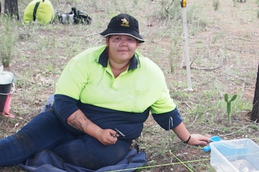 Mandandanji Traditional Owner Alana Mann digging at the Wondai Gumbal camp near Condamine.