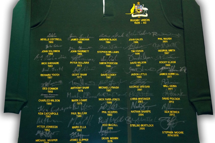 The completed jersey has been signed by 41 of 43 Australian Wallabies captains that represented Australia since 1939.