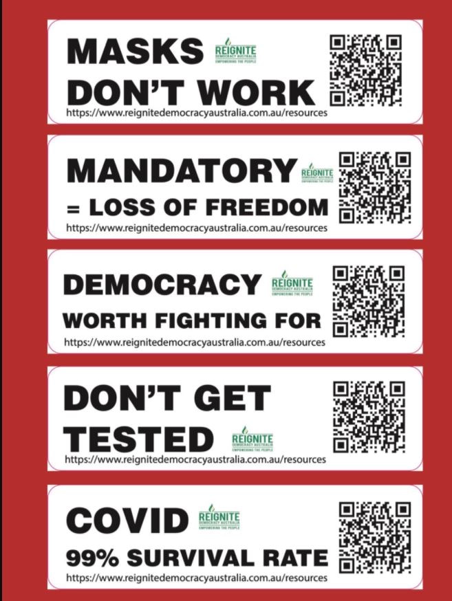 A series of stickers, with slogans such as "Masks Don't Work"