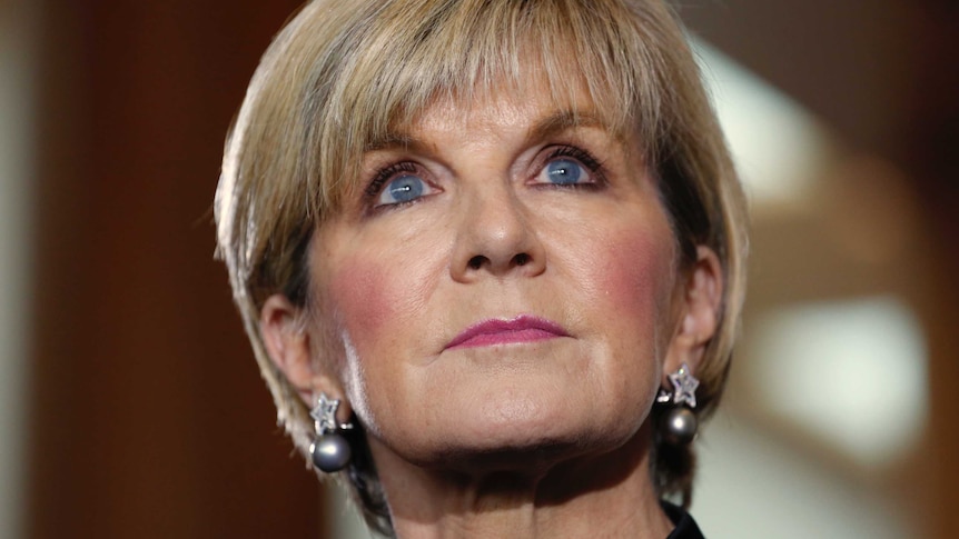 A close-up of Julie Bishop with pursed lips and a blank expression on her face.