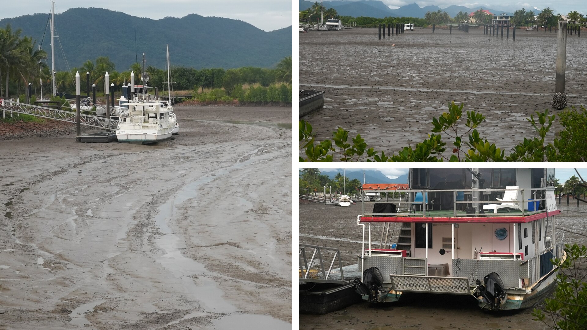 three images showing a mud-clogged river with boats stuck in mud.