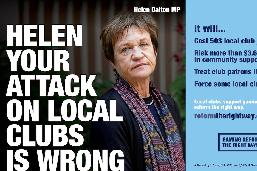 A poster with a woman's face and the words "Helen your attack on local clubs is wrong"