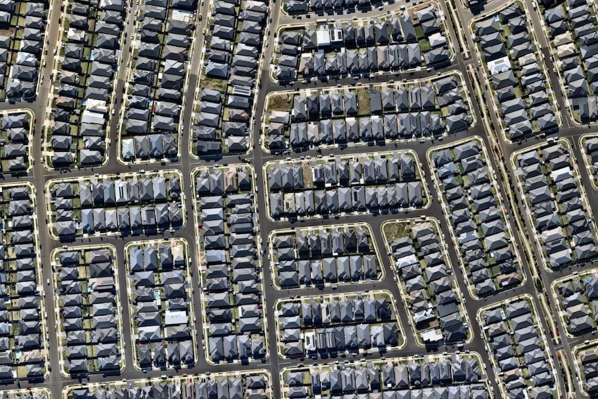 Aerial shot of suburban roofs