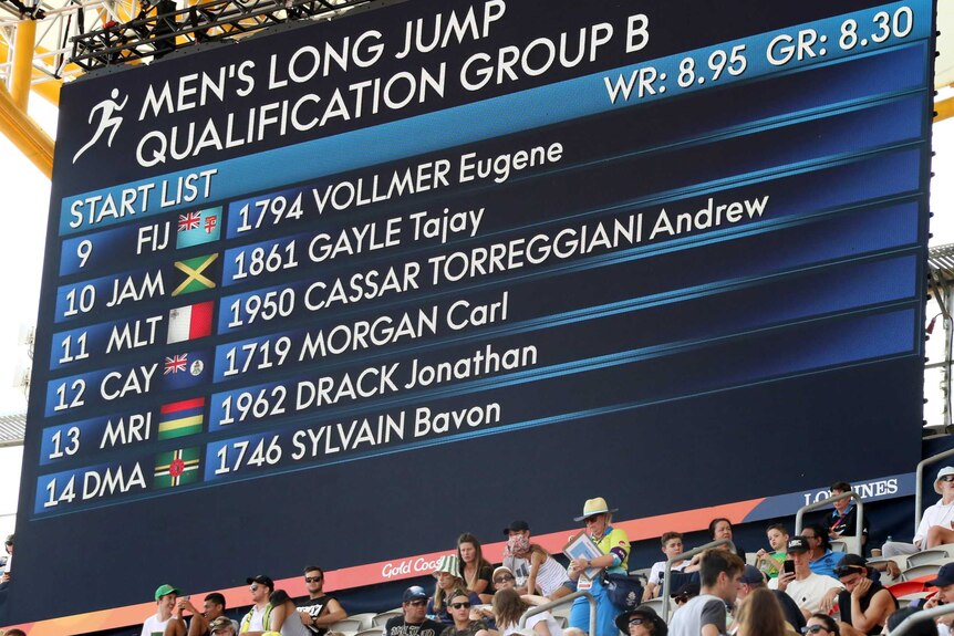 Eugene Vollmer's name on the scoreboard at the Commonwealth Games.