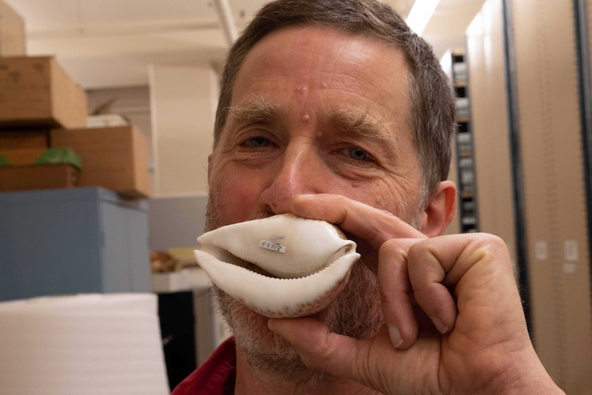 Picture of a man holding a shell across his mouth in the shape of a smiley face