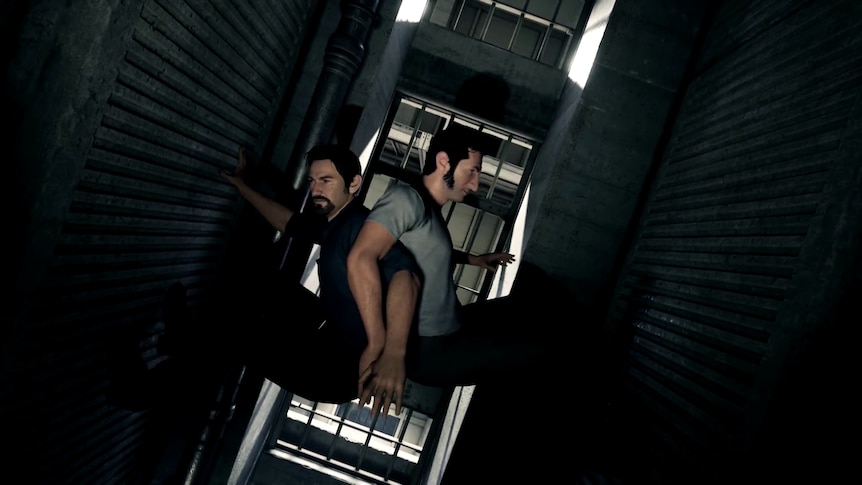 A screenshot from the game A Way Out, where two men have their arms locked and their feet on opposite walls in a narrow climb.