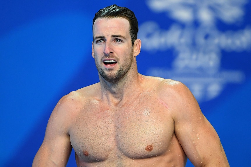 Australian swimmer James Magnussen shirtless after a race at the 2018 Commonwealth Games on the Gold Coast.